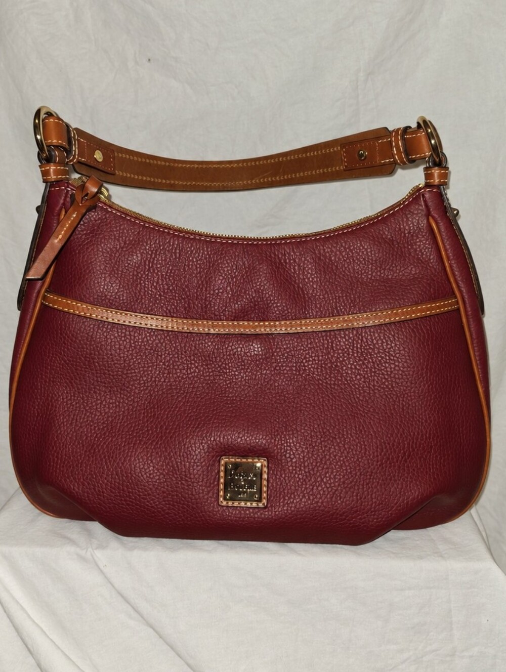 Dooney & Bourke Burgundy Pebbled Leather Hobo Shoulder Bag Brown Trim